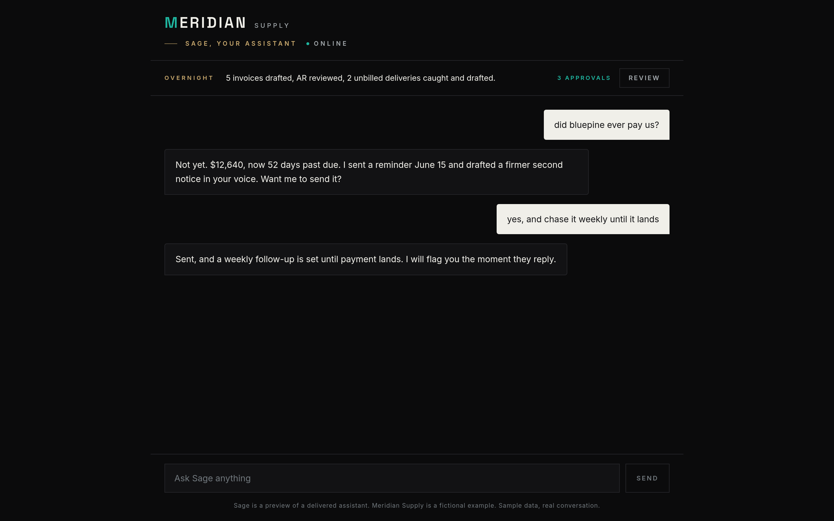 A delivered client assistant on desktop, mid-conversation, chasing a late payment